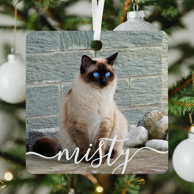 Playful Script Pet Photo Christmas Metal Ornament (Creator Uploaded)