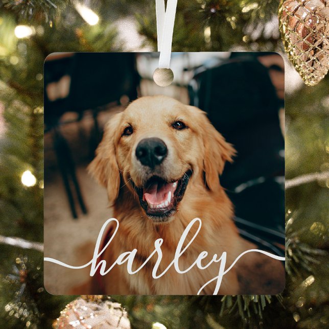Playful Script Pet Photo Christmas Metal Ornament (Creator Uploaded)