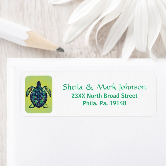 Playful Sea Turtle Mosaic Ocean Art Design Label (Insitu)