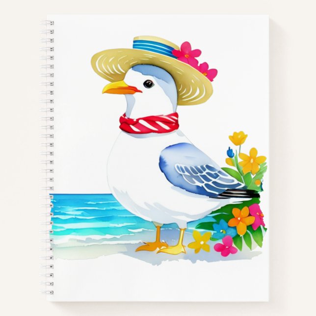 Playful Seagull in Sun Hat Coastal Notebook (Front)