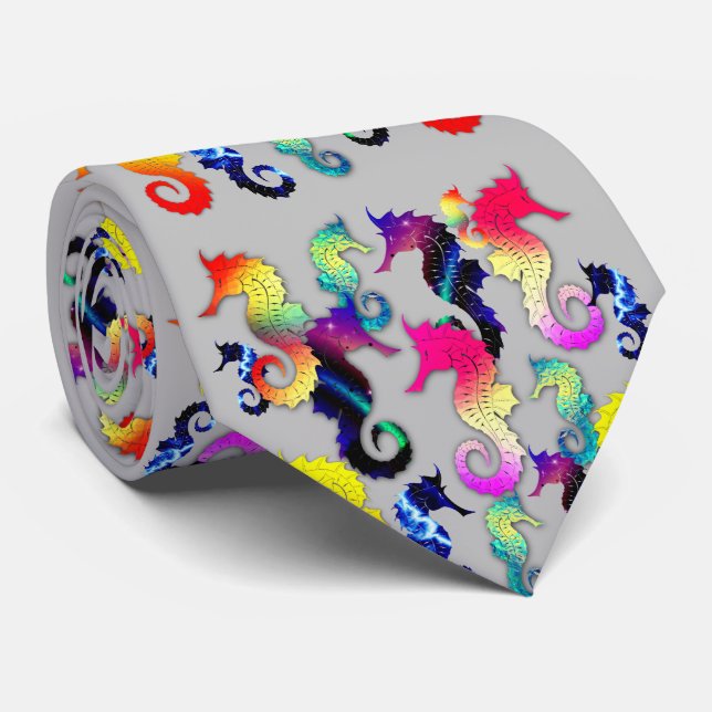 Playful Seahorse Graphics in Rainbow Colors Neck Tie (Rolled)