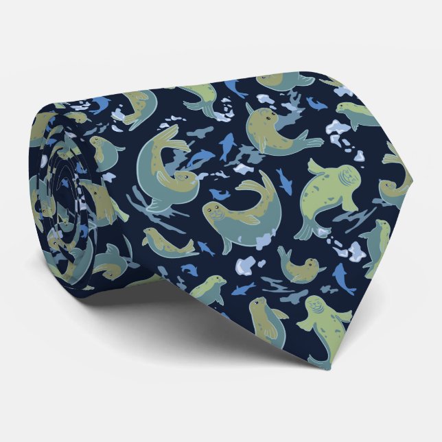 Playful Seals Deep Blue Neck Tie (Rolled)