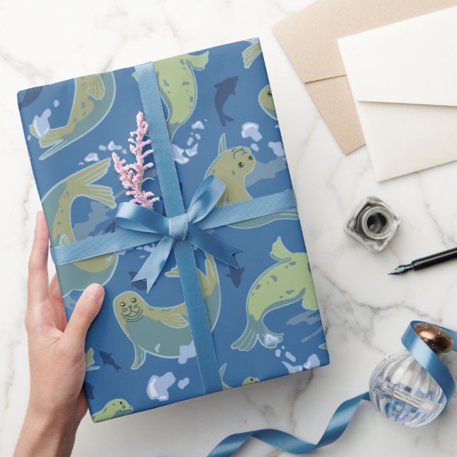 Playful Seals Marine Blue Wrapping Paper (Gifting)