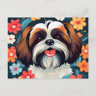 Playful Shih Tzu And Flowers Field Postcard