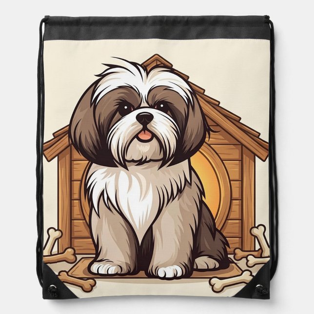 Playful Shih Tzu Dog House  Drawstring Bag (Cute Adorable Shih Tzu illustration!)