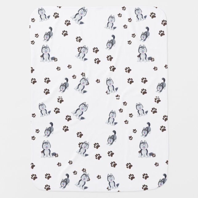 Playful Siberian Husky Puppy Dog Pet Making Tracks Baby Blanket (Front)