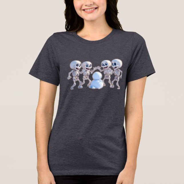 Playful Skeletons Building a Snowman – 3D Cartoon, Tri-Blend Shirt (Front)