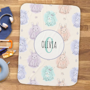 Playful Sketch Bunnies Monogram Baby Blanket