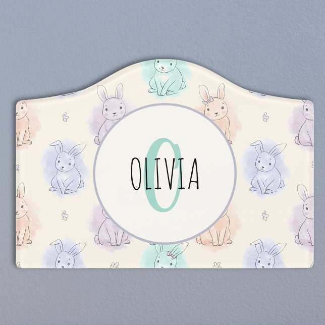 Playful Sketch Bunnies Monogram Door Sign (Creator Uploaded)