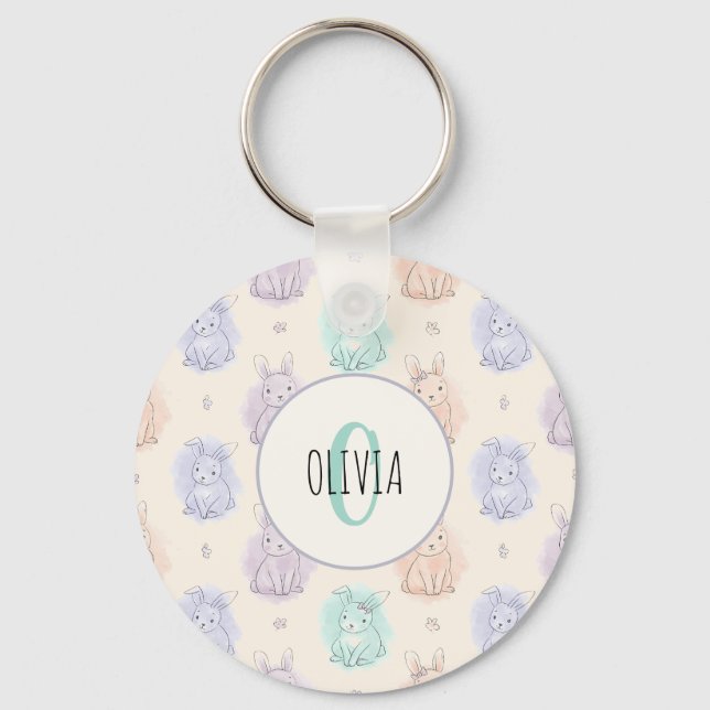 Playful Sketch Bunnies Monogram Keychain (Front)