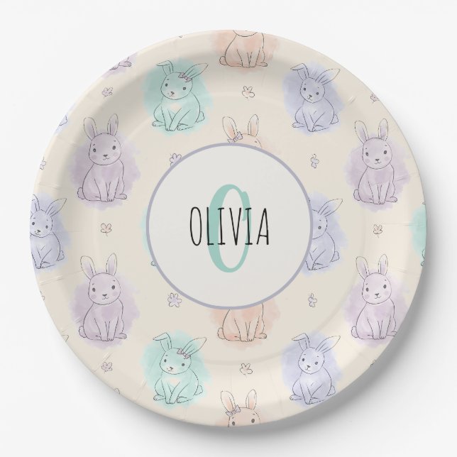 Playful Sketch Bunnies Monogram Paper Plates (Front)