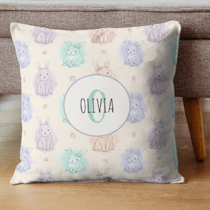 Playful Sketch Bunnies Monogram Throw Pillow