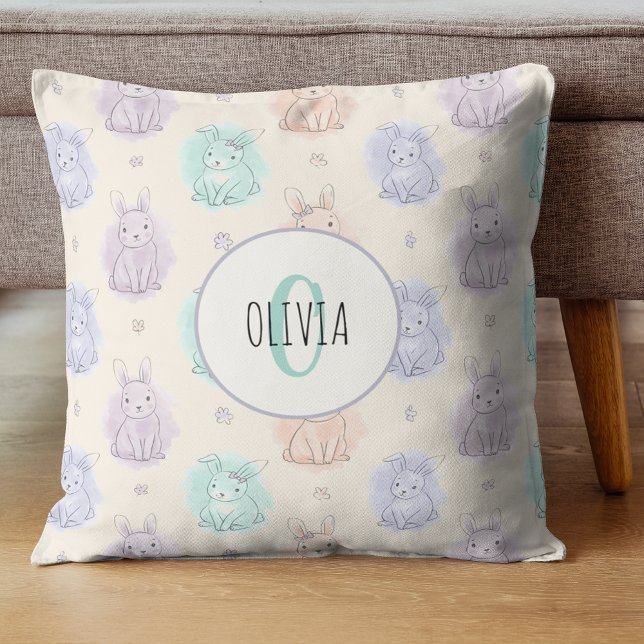 Playful Sketch Bunnies Monogram Throw Pillow (Creator Uploaded)