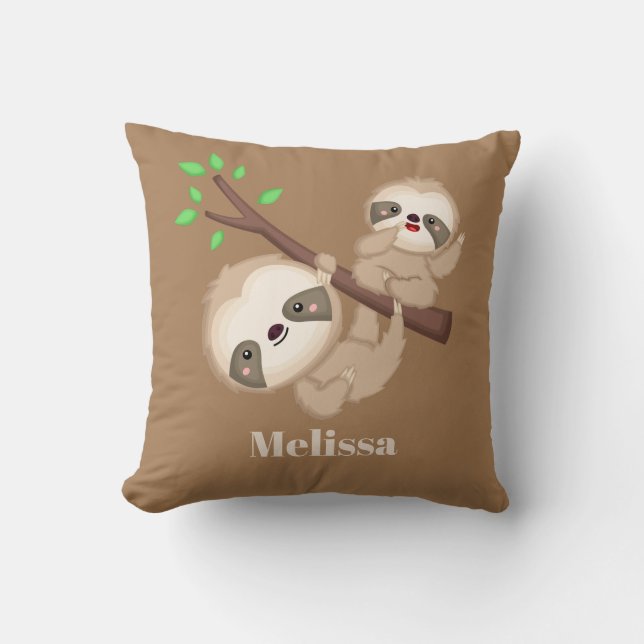 Playful sloths girls add name room decor throw pillow (Front)