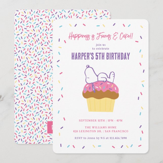 Playful Snoopy on Cupcake & Confetti Birthday Invitation (Front/Back)