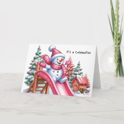 Playful Snowman at the Playground Pink  Holiday Card