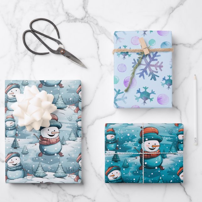 Playful Snowmen Pine Trees Snowflakes Christmas Wrapping Paper Sheets (Front)