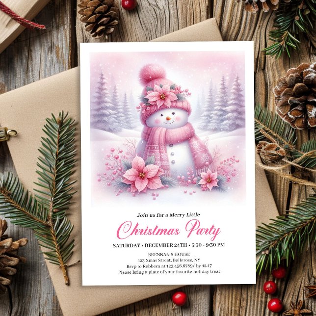 Playful Snowy Forest Pink Snowman Kids Invitation (Playful Snowy Forest Pink Snowman Kids Invite Download)