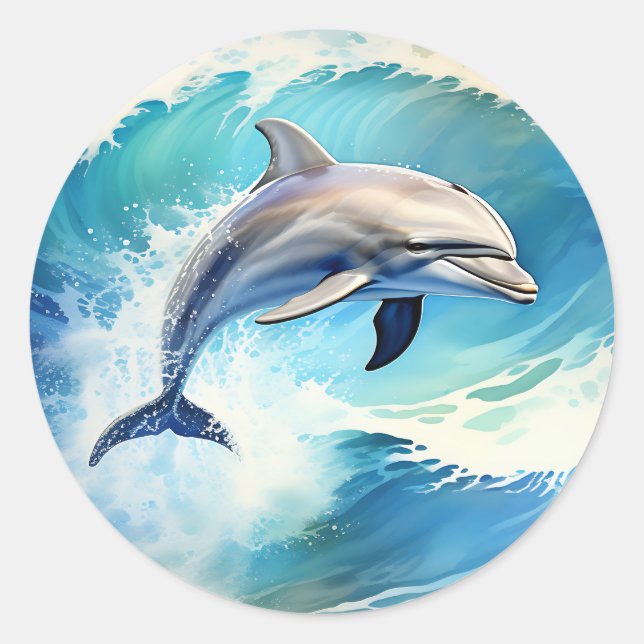 Playful Splash Dolphin Classic Round Sticker (Front)