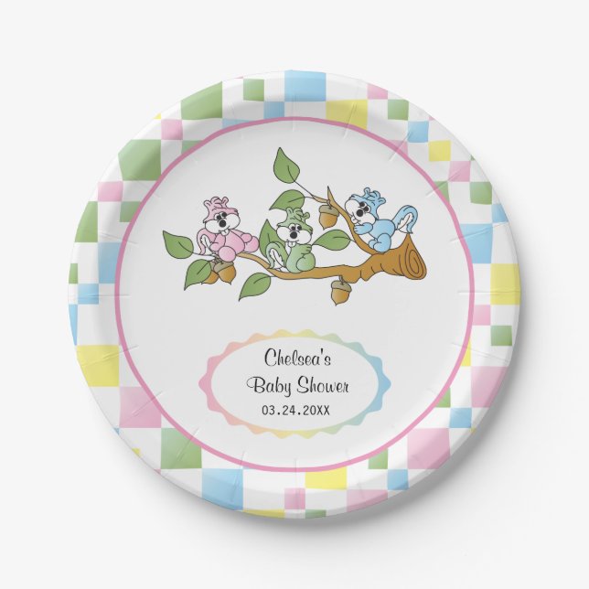 Playful Squirrel Baby Shower Theme Paper Plates (Front)