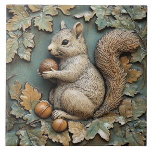 Playful Squirrel with Acorn Faux Relief Ceramic Tile