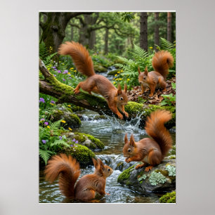 Playful Squirrels Forest River Woodland Nature Fle Poster