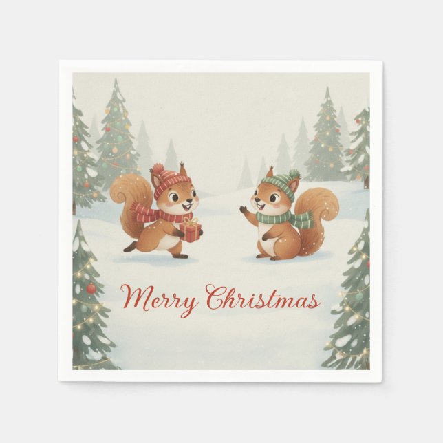 Playful Squirrels in Christmas Winter Forest Napkins (Front)
