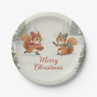 Playful Squirrels in Christmas Winter Forest Paper Plates
