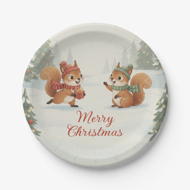 Playful Squirrels in Christmas Winter Forest Paper Plates (Front)