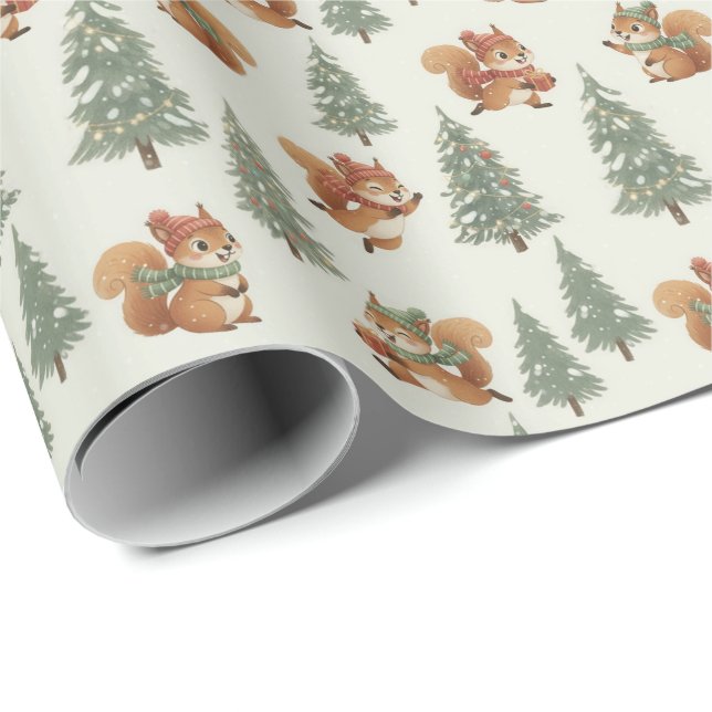 Playful Squirrels in Christmas Winter Forest Wrapping Paper (Roll Corner)