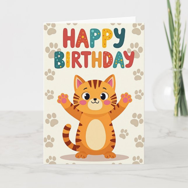 Playful Striped Cat Birthday Card (Front)