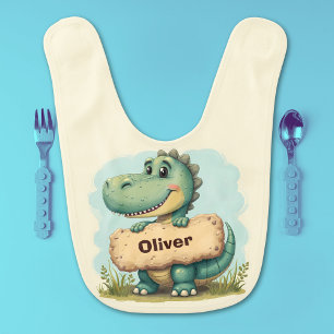  Playful T-Rex with Stone Name Sign Baby Bib