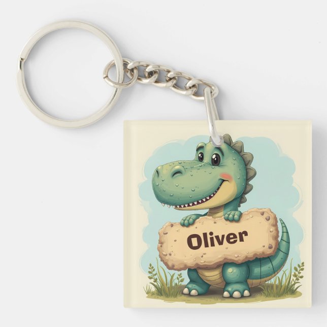  Playful T-Rex with Stone Name Sign Keychain (Front)