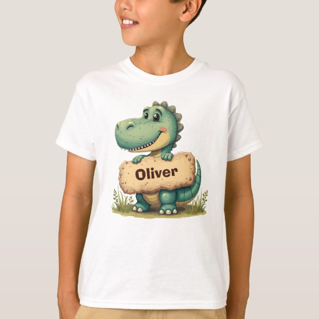  Playful T-Rex with Stone Name Sign T-Shirt (Front)