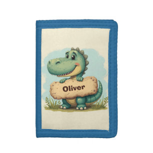  Playful T-Rex with Stone Name Sign Trifold Wallet