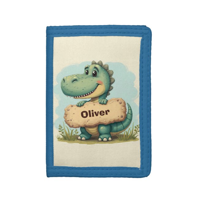  Playful T-Rex with Stone Name Sign Trifold Wallet (Front Vertical)