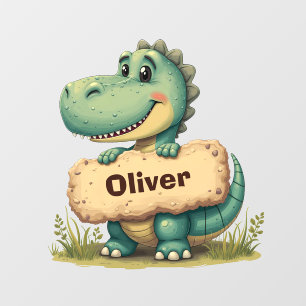  Playful T-Rex with Stone Name Sign Wall Decal