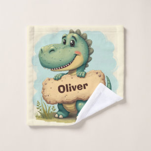 Playful T-Rex with Stone Name Sign Wash Cloth