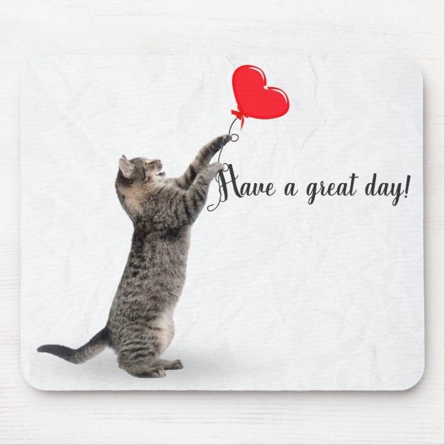playful tabby cat with heart balloon mouse pad (Front)