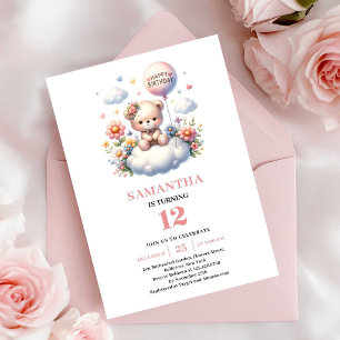 Playful teddy bear balloon girl birthday invitatio invitation