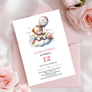 Playful teddy bear floral balloon birthday invites