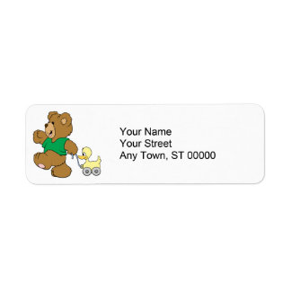 playful teddy bear with toy ducky label
