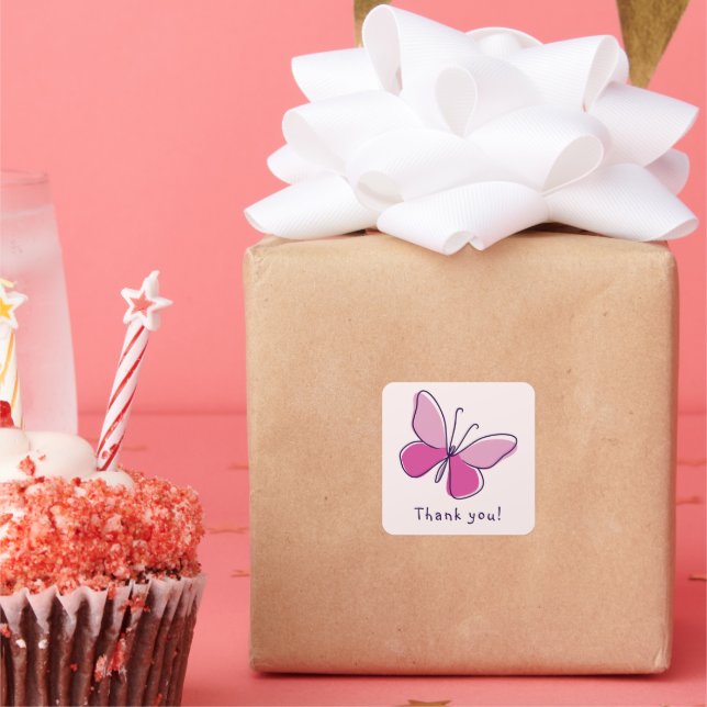 Playful Thank you! - Pink Butterfly Square Sticker (Party)
