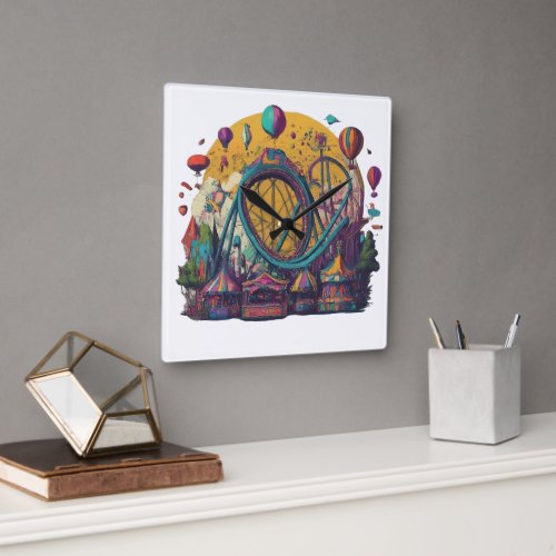 Playful Theme Park Square Wall Clock