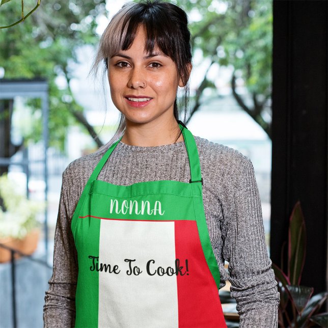 Playful Time To Cook Nonna Italian Flag Design Apron (Italian Flag Personalized Nonna Time To Cook Apron)
