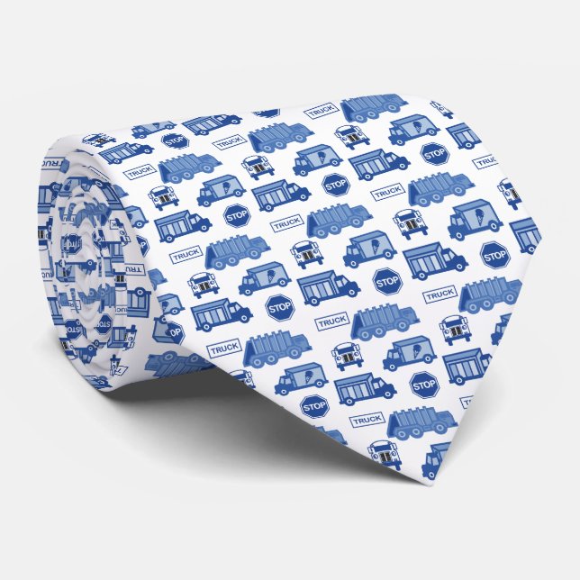 Playful Tiny Toy Blue Trucks White Neck Tie (Rolled)