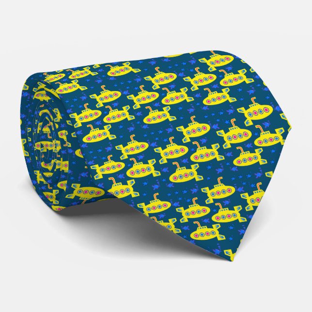 Playful Tiny Yellow Submarines Deep Blue Sea Neck Tie (Rolled)