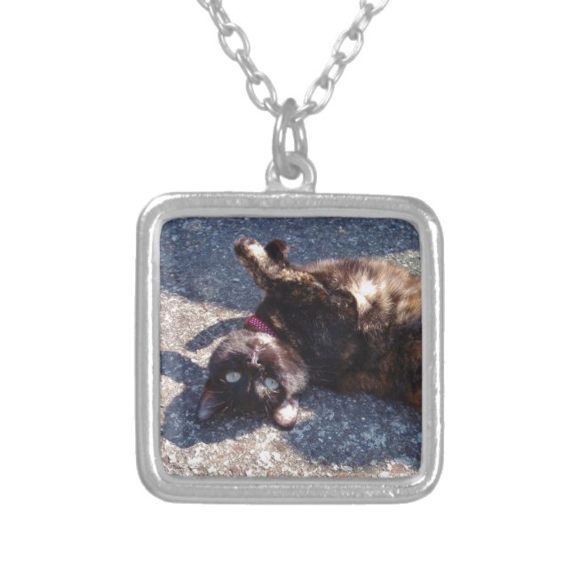 Playful Tortoiseshell Cat Silver Plated Necklace (Front)