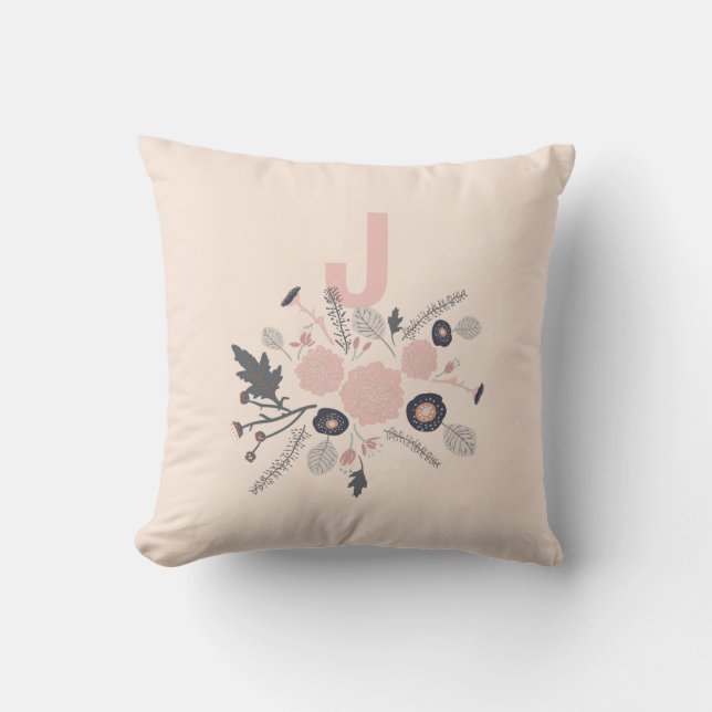 Playful Tossed Flowers Whimsical Pink With Initial Throw Pillow (Front)