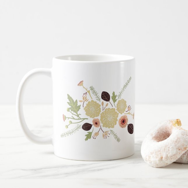 Playful Tossed Green Peach Floral Flowers Motif Coffee Mug (With Donut)